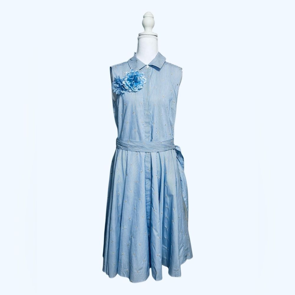 BADGLEY MISCHKA NEW SKY BLUE STRIPE FLORAL GOLD EMBROID MIDI DRESS 10 - Picture 2 of 13